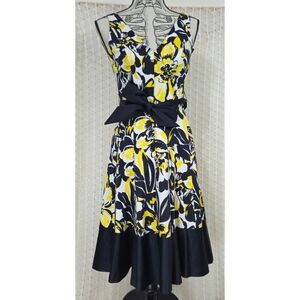 Nine West Black White Yellow Floral Fit and Flare Color Block Dress Size 2